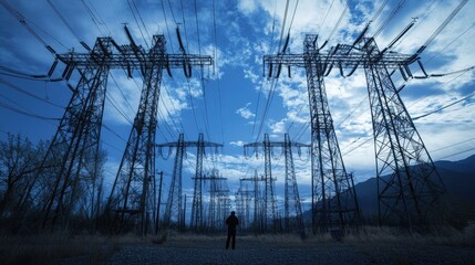 Poster - Engineers inspecting high-voltage transformers, ensuring equipment functions safely and reliably in the electricity grid.
