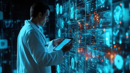 Fototapete - A doctor in a white coat closely studies digital information on a tablet while surrounded by glowing data displays in a lab. Generative AI