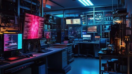 Poster - Visualize a tech lab filled with screens, monitors, and experimental devices, where researchers test and innovate the next generation of electronics,