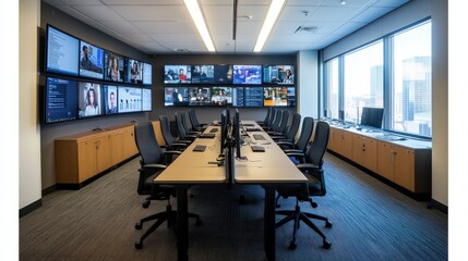 Poster - Visualize an office conference room with large screens and video call setups, allowing teams to connect seamlessly.