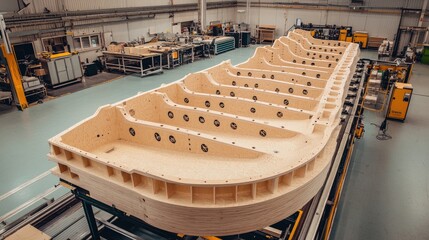 Poster - Detailed View of a Manufacturing Facility with Wooden Boat Mold Structure Highlighting Precision Engineering and Innovative Design in a Workshop Setting