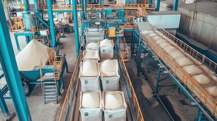 Poster - Aerial View of Modern Industrial Factory Interior with Bulk Material Storage and Conveyors, Highlighting Efficient Production Processes and Advanced Machinery