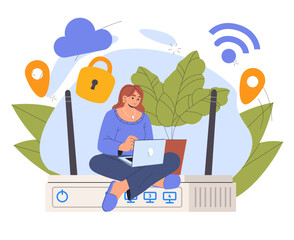 Poster - Woman with free wifi. Young girl with laptop sitting at wifif router. Wireless internet connection. Modern technologies and innovations. Flat vector illustration isolated on white background