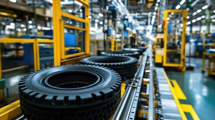 Poster - Modern Tire Manufacturing Facility with Production Line Featuring Black Rubber Tires on Conveyor in Bright Industrial Setting