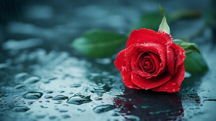 Wall Mural - Single Red Rose in the Rain