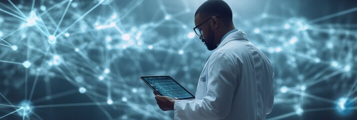 Fototapete - A doctor in a white coat uses a tablet to review important medical information, surrounded by a high-tech visual backdrop. Generative AI