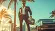 © WINGGOD - A businessman with a briefcase full of cash standing next to a high-end car