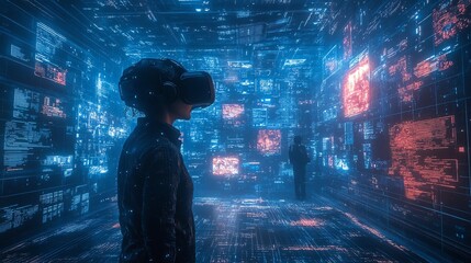 Leinwandbilder - A person wearing a VR headset stands in a futuristic room filled with data and screens, exploring the metaverse.