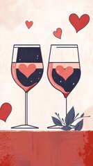 Wall Mural - Two elegant wine glasses adorned with delicate heart designs, exuding romance and warmth, perfect for a cozy evening or a special celebration.