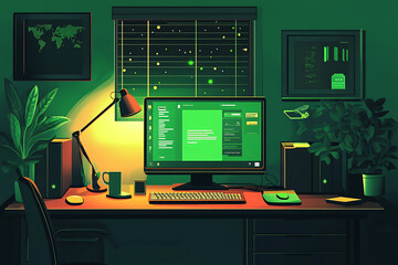 Poster - A cozy workspace with a computer, plants, and warm lighting, ideal for productivity.