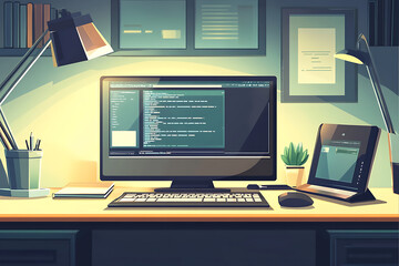 Poster - A modern workspace featuring a computer, coding screen, and desk accessories.