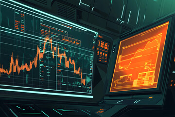 Poster - A digital interface displaying financial data and market trends on multiple screens.