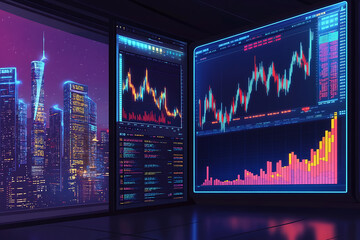 Poster - A futuristic trading room with financial charts and a city skyline view.