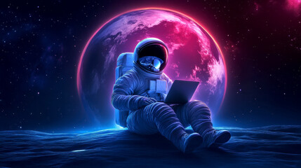 an astronaut in a white space suit is seated on the moon , engrossed in using a laptop with planet e