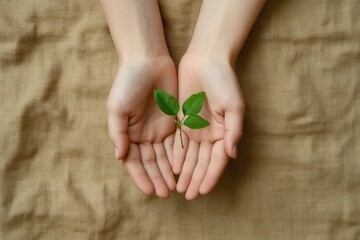 Aufkleber - Two hands hold a delicate seedling with vibrant green leaves, showcasing a tender connection to nature and growth. Generative AI