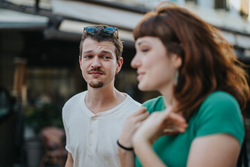 Poster - A young man and woman engaged in a casual conversation outdoors, depicting friendship and connection in a relaxed atmosphere.