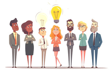 Poster - A diverse group of cartoon characters representing teamwork and creativity with an idea lightbulb.