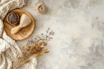 Poster - A cozy arrangement of dried flowers, a wooden bowl with twine, and a brush, creating a serene and inviting atmosphere on a neutral backdrop. Generative AI