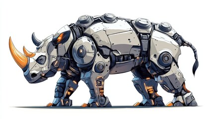 a mechanical rhino with orange horns and a tail