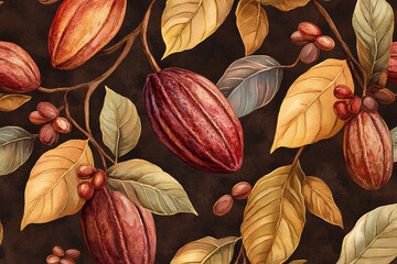 Seamless pattern wallpaper of cocoa beans, leaves and branches, on a dark brown background, botanical watercolor style.