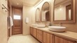 © Ganesha88 - Modern bathroom with wooden cabinets, dual sinks, and arched mirrors, light background. Contemporary home or hotel concept. 3D Rendering