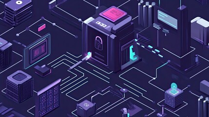 Poster - Isometric Illustration of a Futuristic Data Center with Cyber Security Elements