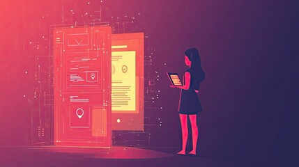 Poster - A woman with a laptop standing in front of glowing digital interfaces.