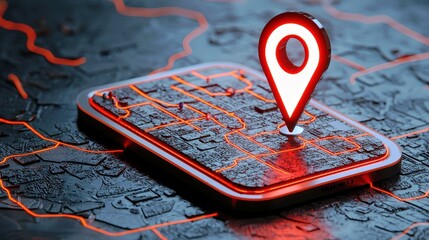 Poster - 3D Render of a Smartphone with a Red Location Pin on a Textured Map, Showcasing Digital Navigation Technology and Geolocation Features in Modern Design