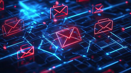 Poster - Neon Email Icons on a Digital Circuit Board