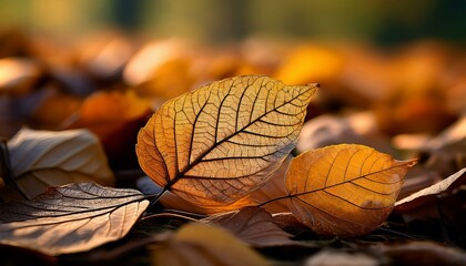 Canvas Print - Autumn leaves in warm sunlight. Golden hues and intricate details.