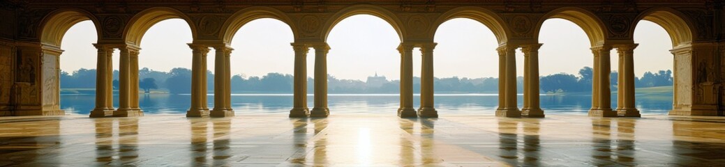 Poster - Serene Morning Reflection on Calm Water through Beautiful Architectural Arches with Soft Light Illuminating the Scene