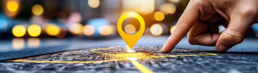 Poster - Hand Interacting with Map and Location Pin, Symbolizing Navigation and Exploration in Urban Environment with Blurred City Lights in Background