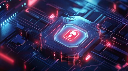 Poster - Futuristic Circuit Board with Glowing Red Padlock Icon