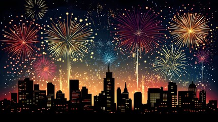 Wall Mural - 5. A grand New Year is Eve fireworks display lighting up the night sky over a city skyline