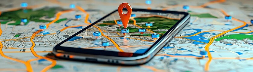 Poster - Mobile Device Displaying Navigation Map with Location Pin Overlaid on City Terrain for Travel and Geospatial Technology Concepts