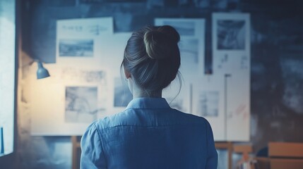 Wall Mural - Successful Businesswoman Reviewing Project Timelines in a Modern Workspace with Visual Aids and Creative Atmosphere for Effective Planning and Strategy Development