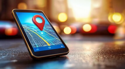 Poster - Vibrant Smartphone Displaying GPS Map Location Pin against Urban Sunset Background with Blurry City Lights