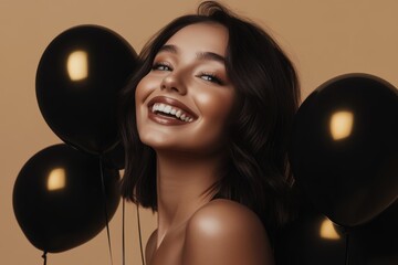 Wall Mural - A joyful woman beams as she holds a cluster of elegant black balloons, embodying celebration and carefree spirit in a vibrant, uplifting moment.