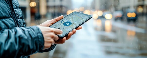 Poster - Person Using Smartphone to Navigate City Streets with Map Application in Rainy Weather, Urban Background with Blurred Traffic Lights