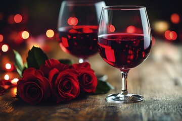 Wall Mural - Two elegant wine glasses filled with rich red wine sit atop a polished table, accompanied by a delicate rose, creating a romantic atmosphere.