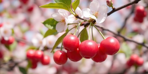 Wall Mural - Close-up of newly opened cherries hanging from a branch on a mature cherry tree in full bloom, blossom, outdoor