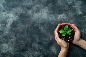 Aufkleber - Two hands are carefully holding a small green seedling in dark soil, emphasizing the importance of nurturing and growth in nature. Generative AI