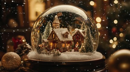 Wall Mural - A whimsical snow globe encasing a charming house, sparkling with snowflakes, evoking a sense of wonder and holiday magic in a cozy winter scene.
