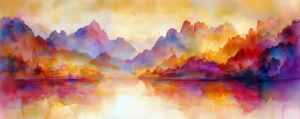 Poster - Vibrant Watercolor Landscape with Majestic Mountains and Reflections in Calm Water at Sunset, Featuring Rich Hues of Orange, Purple, Pink, and Yellow
