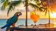 © Diffin - A vibrant parrot perched on a table, eye-catching next to a refreshing glass of orange juice, radiating tropical charm and playful energy.