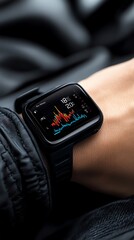Fototapete - A person's wrist wearing a black smartwatch with a colorful data graph on the screen.