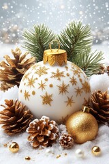 Wall Mural - A shimmering white and gold Christmas ball nestled among rustic pine cones, evoking a festive and warm holiday atmosphere.