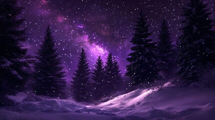 winter nature background with frozen fir trees covered snow and ice at starry night. beautiful auror