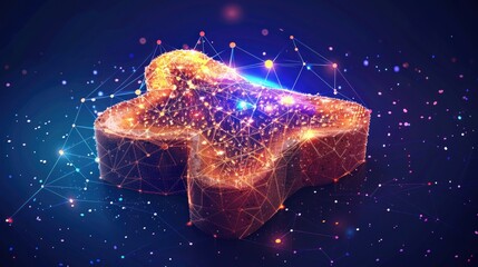 A glowing, abstract, polygonal shape resembling a puzzle piece, on a dark blue background with glowing lines.