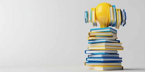 Poster - A yellow light bulb sits atop a stack of blue and yellow books on a white background, symbolizing knowledge and creativity.